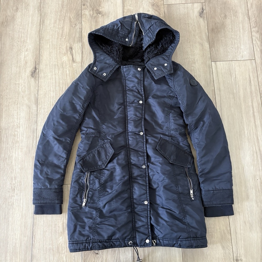 Abercrombie Fitch‎ Nylon Parka Jacket Women's XS Dark Navy Blue Zip Fur Hood